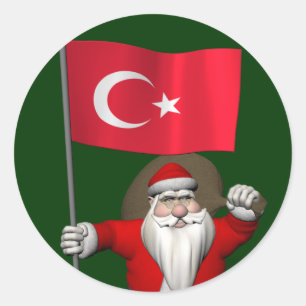 Adesivo Redondo Engraçado Papai Noel Com Bandeira Da Turquia