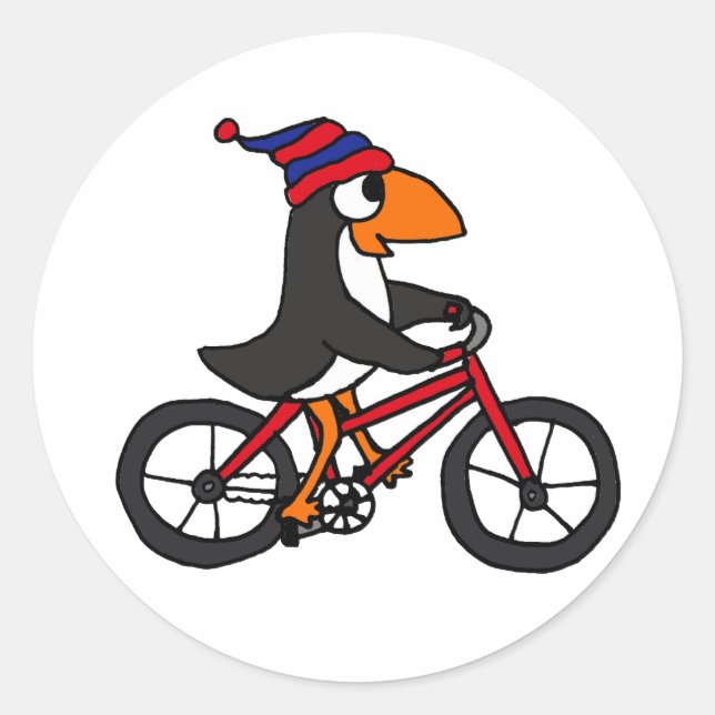 Adesivo Redondo Engraçado Penguin Andando Bicicleta Vermelha (Frente)