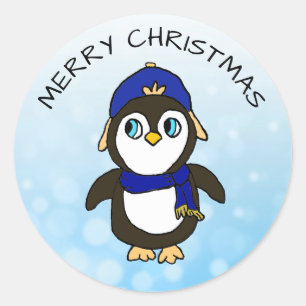 Adesivo Redondo Engraçado Pinguim no Natal
