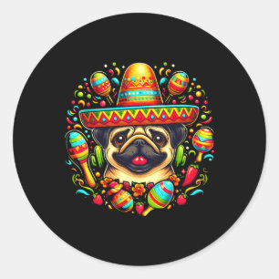 Adesivo Redondo Engraçado Pug Cinco De Mayo Cute Cão Mexicano Somb