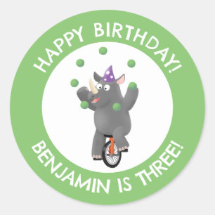 Adesivo Redondo Engraçado rhino no unicycle personalizou o anivers