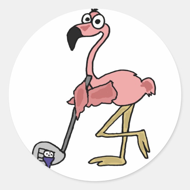 Adesivo Redondo Engraçado Rosa Flamingo Golfing Art (Frente)