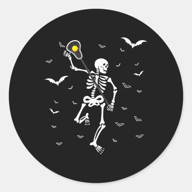 Adesivo Redondo Engraçado Skeleton Lacrosse Fofo Halloween Lacross (Frente)