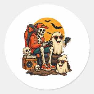 Adesivo Redondo Engraçado Skeleton Vídeo Jogo Halloween Jogador B