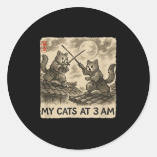 Adesivo Redondo Engraçado Sumi-e Kawaii Pintura Japonesa Meus Gato
