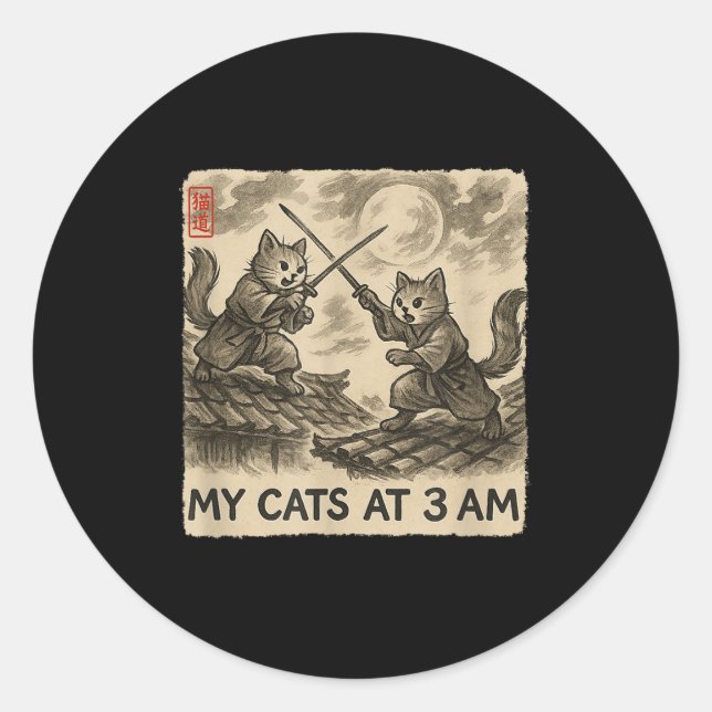 Adesivo Redondo Engraçado Sumi-e Kawaii Pintura Japonesa Meus Gato (Frente)