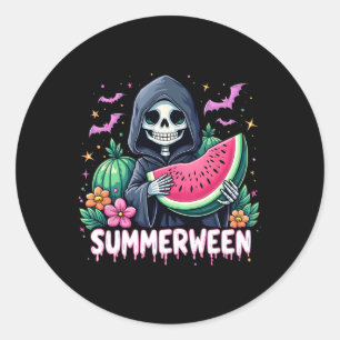 Adesivo Redondo Engraçado Summerching Skeleton Watermelon Hallowee