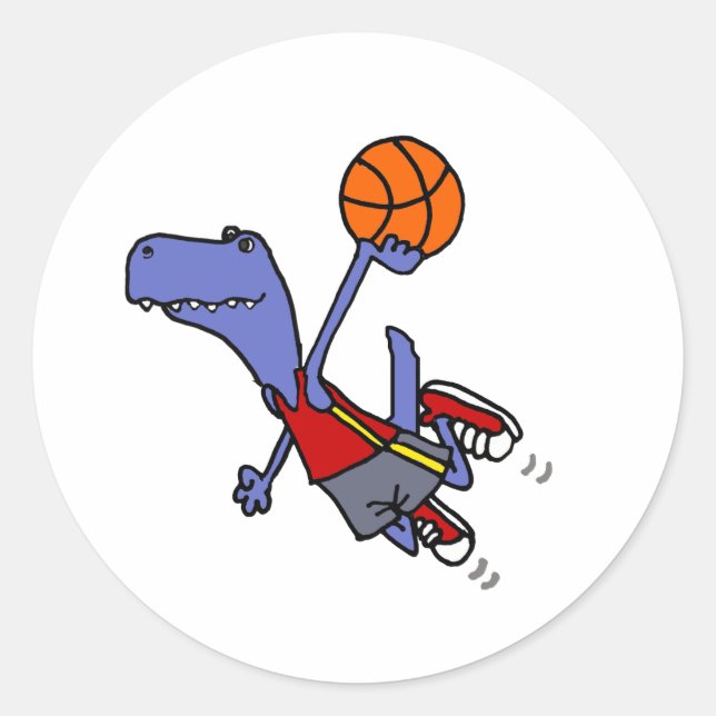 Adesivo Redondo Engraçado T-rex Dinossauro Jogando Basquete (Frente)