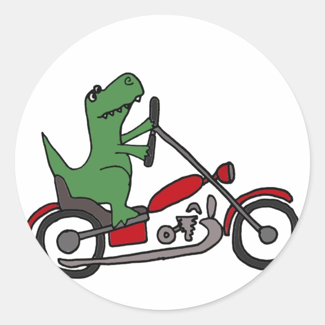 Adesivo Redondo Engraçado T-rex Dinossauro na Moto Vermelha (Frente)