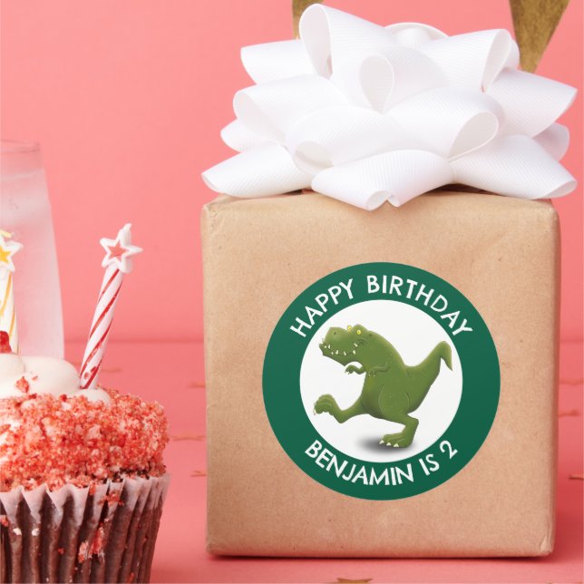 Adesivo Redondo Engraçado, verde t rex dinossauro personalizado (Festa)