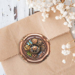 Adesivo Redondo Engrenagens e Flores Steampunk Cobre e Metal Doura