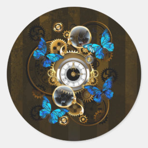 Adesivo Redondo Engrenagens Steampunk e Borboletas Azuis