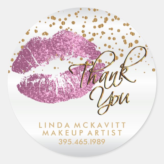 Adesivo Redondo Então, Lábio Luminoso Rosa em Branco - Obrigado (Frente)