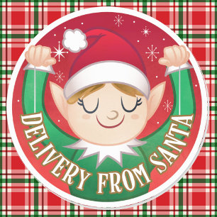 Adesivo Redondo Entrega de Elfo do Papai Noel Natal Vermelho e Ver