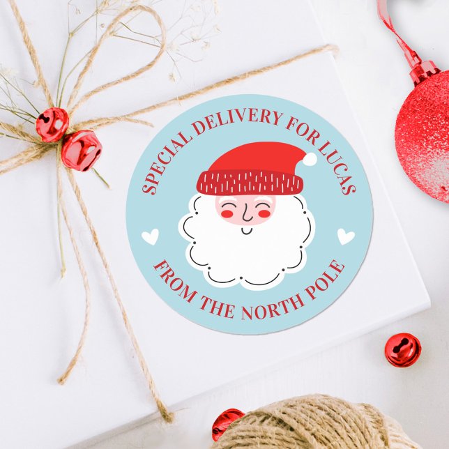 Adesivo Redondo Entrega Especial de Papais noeis de Natal Bonitos  (A cute Santa claus special delivery sticker for decorating your Christmas gifts.)