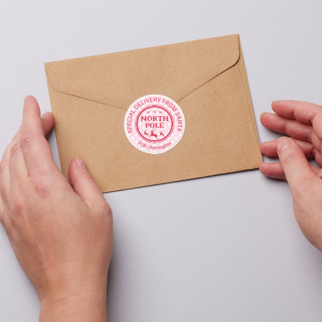 Adesivo Redondo Entrega Especial de Papais noeis Feriado do Polo N (north pole stickers santas workshop from santa children please deliver to xmas)