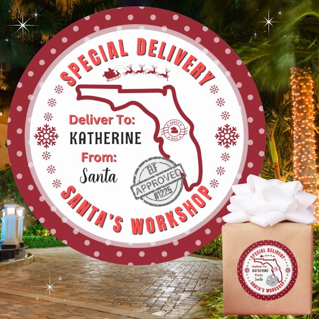 Adesivo Redondo Entrega Especial de Papais noeis para Criança na F (Recommend 3"/Matte for hand written names. Merry Christmas!)