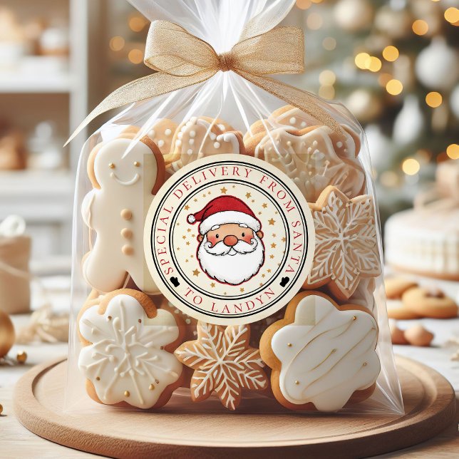 Adesivo Redondo Entrega Especial de Papais noeis Personalizados (Santa Claus Special Delivery Custom Round Christmas Sticker)