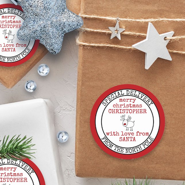 Adesivo Redondo Entrega especial de Papais noeis personalizados do (Special Delivery from the North Pole Sticker - personalized with child's name)