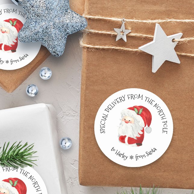 Adesivo Redondo Entrega especial do Polo Norte a partir de Papais  (Special delivery from the North Pole Santa Sticker - personalized with child's name)