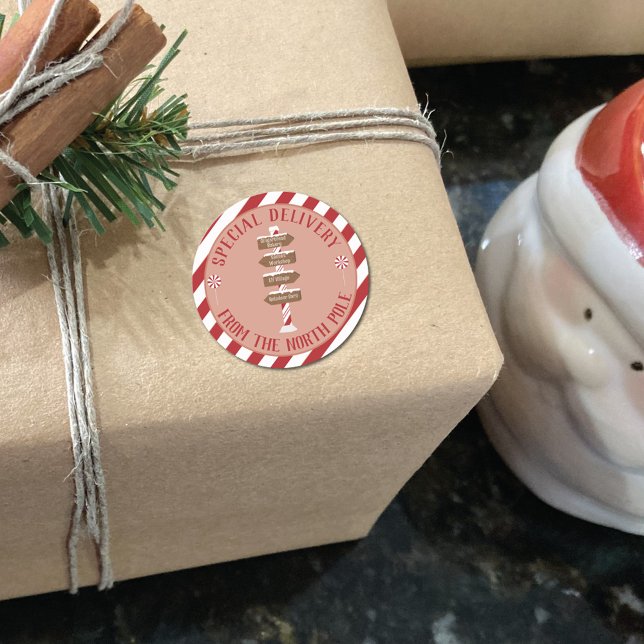 Adesivo Redondo Entrega especial do Polo Norte vermelho e branco (Criador carregado)