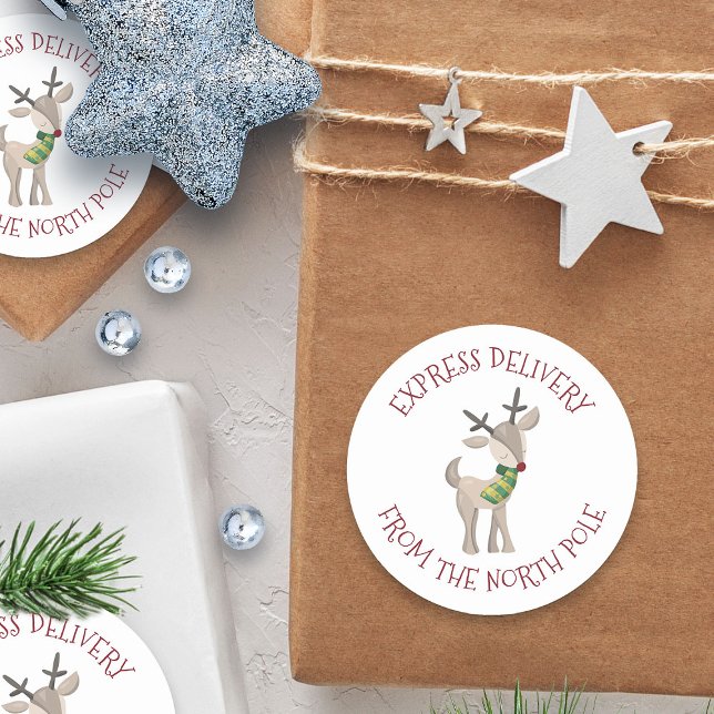 Adesivo Redondo Entrega expressa do Polo Norte | Reindeer (Express delivery from the north pole red nosed reindeer sticker)