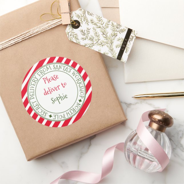 Adesivo Redondo Entrega secreta de Papais noeis stripe presente de (Presentear)