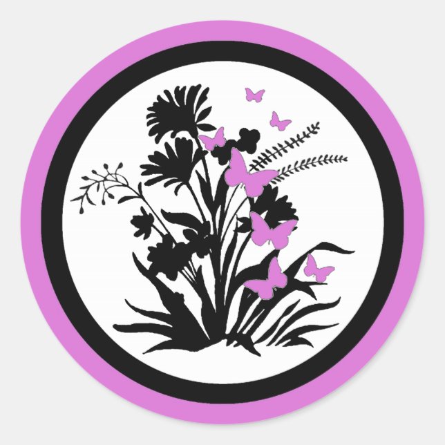 Adesivo Redondo Envelope branco roxo de borboletas (Frente)