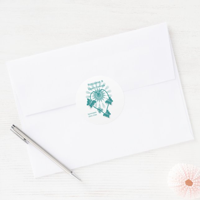 Adesivo Redondo Envelope de Casamento Borboletas de Teal Sticker (Envelope)