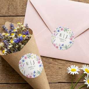Adesivo Redondo Envelope de Casamento com Monograma de Flor Silves