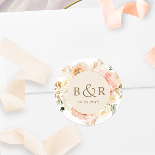 Adesivo Redondo Envelope de Casamento Floral Amarelo Peach Cream /