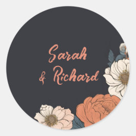 Adesivo Redondo Envelope de Casamento Floral Redondo Negro Elegant