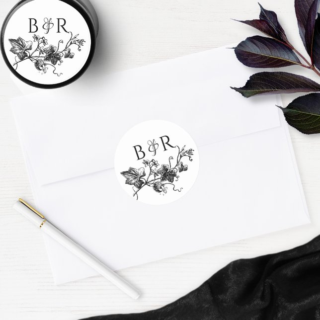 Adesivo Redondo Envelope de Casamento Preto e Branco Floral Selo/F (Criador carregado)