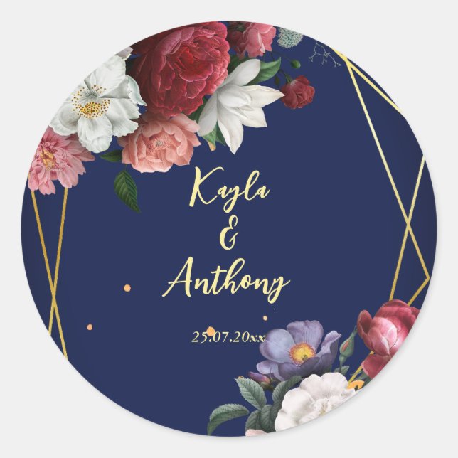 Adesivo Redondo Envelope de rosas azul-burgundi marinho (Frente)