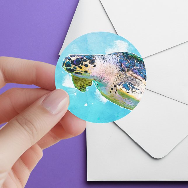 Adesivo Redondo Envelope de Tartaruga Marítima de Cores Aquáticas (Criador carregado)