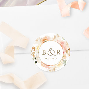 Adesivo Redondo Envelope/Favor de Peach, Blush e Casamento Dourado