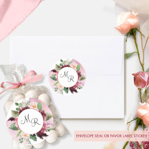 Adesivo Redondo Envelope Floral Elegante Burgundy Rosa