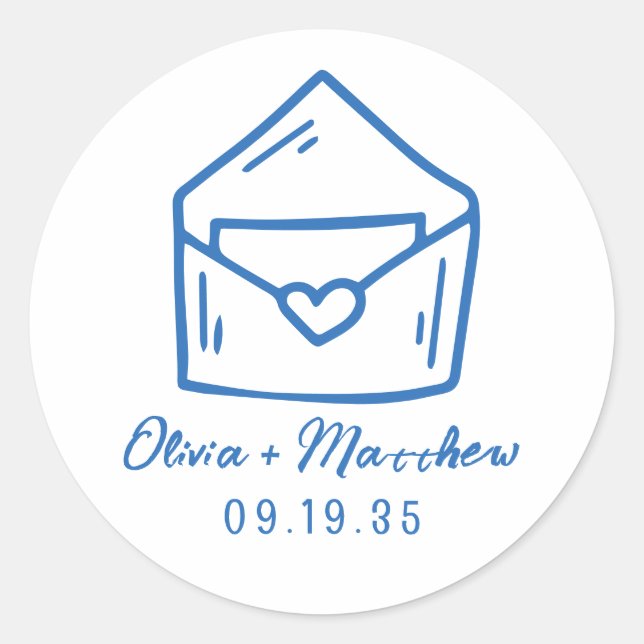 Adesivo Redondo Envelope Heart Blue French Style Data de casamento (Frente)