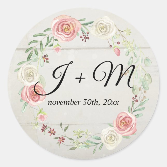 Adesivo Redondo Envelope Monogramas Blush Rosa Floral de Madeira R (Frente)