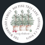 Adesivo Redondo Envelope Rustic Wood Christmas Trees Family<br><div class="desc">Vinhetas de sela de capa de Natal russa,  com cor d'água,  pinheiros de Natal,  sobre um fundo de madeira,  e o nome da sua família sobre um fundo de madeira leve. Consulte a coleção de cheios de peças correspondentes para este design em: https://www.zazzle.com/collections/rustic_pine_trees_christmas-119221021302253069</div>