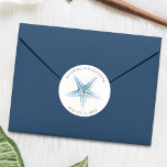 Adesivo Redondo Envelope Seal Sticker, Casamento Blue Starfish Bea<br><div class="desc">Os adesivos personalizados de casamento da Starfish Beach com nomes de noiva e noivo e data de casamento mostram uma réplica do meu trabalho de arte de aquarela original em tons de azul. Cartões Para Cartões, Cartões Para Casamento, Convites de chá de panela, Cartões salve a data, Bridesmaid Para Cartões...</div>