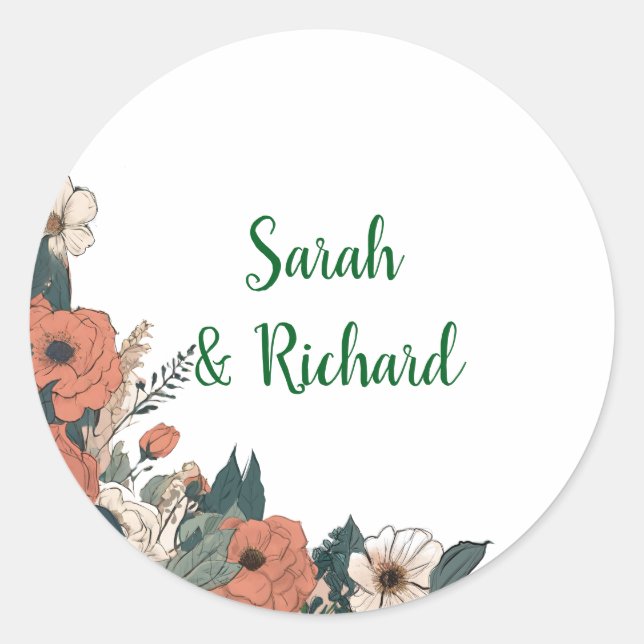 Adesivo Redondo Envelope Sealer De Casamento Floral Redondo Branco (Frente)