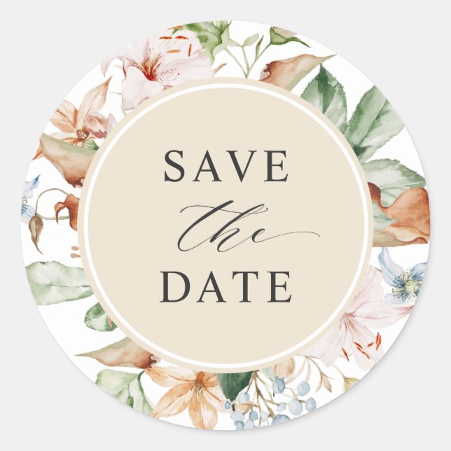 Adesivo Redondo Envelope Selo Salvar a data dos tons da Terra bege (Frente)