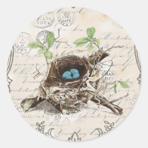 Adesivo Redondo ephemera french botanch ovos aves ninho