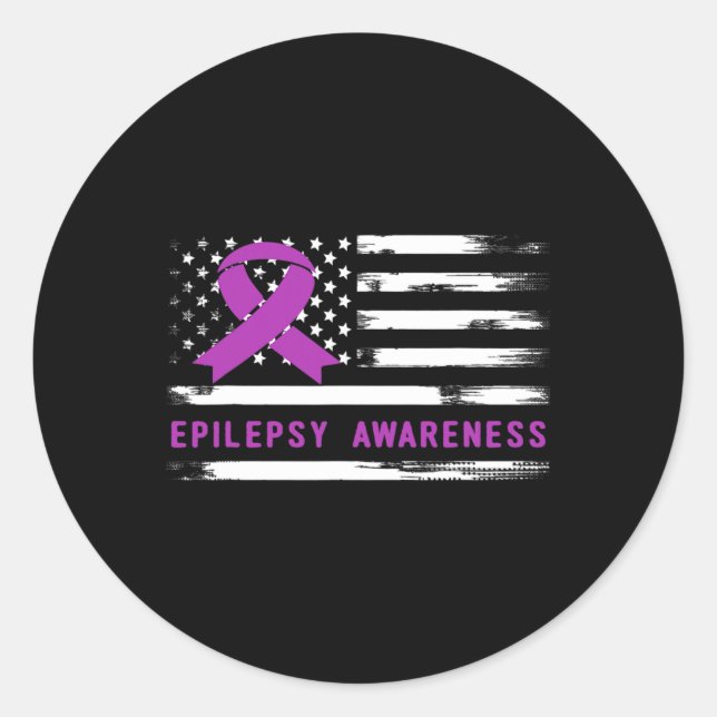 Adesivo Redondo Epilepsy Awarness American Flag Purple Ribbon  (Frente)
