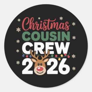 Adesivo Redondo Equipe de Primo de Natal 2026 Rena Flocos de Neve