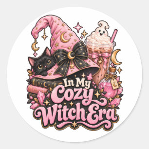Adesivo Redondo Era da Bruxa Aconchegante Rosa Halloween