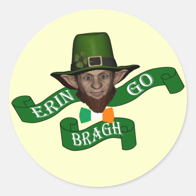Adesivo Redondo Erin vai bragar leprechaun engraçado (Frente)
