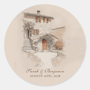 Adesivo Redondo Esboço de Casamento de Vila Italiana de Terracota
