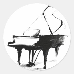 Adesivo Redondo Esboço Minimalista de Piano de Cauda em Música